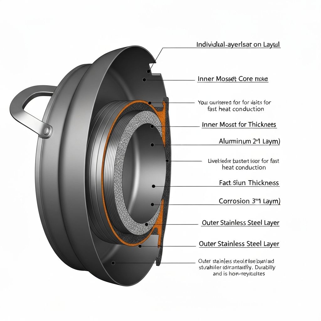 Royal Prestige 5-ply surgical stainless steel construction showing T-304 steel layers and aluminum core for optimal heat distribution