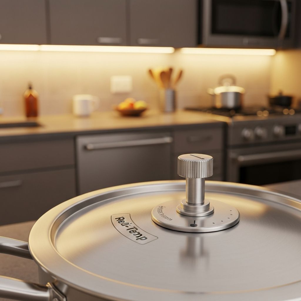 Royal Prestige Redi-Temp valve temperature control technology on cookware lid showing precision engineering